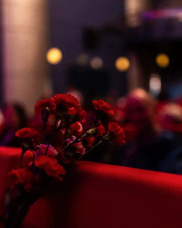 Czerwone goździki na fotelach widowni, w tle rozmyta publiczność